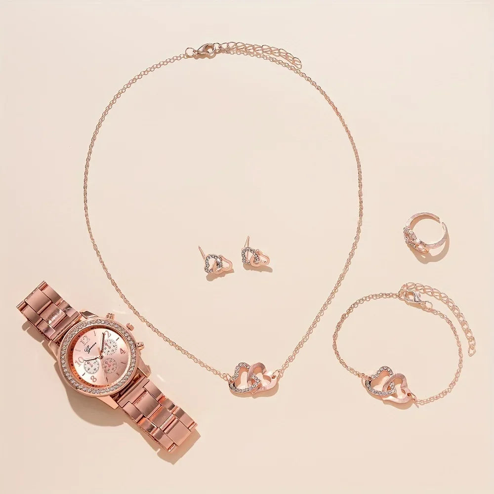 6PCS,Rose Gold Watch Women