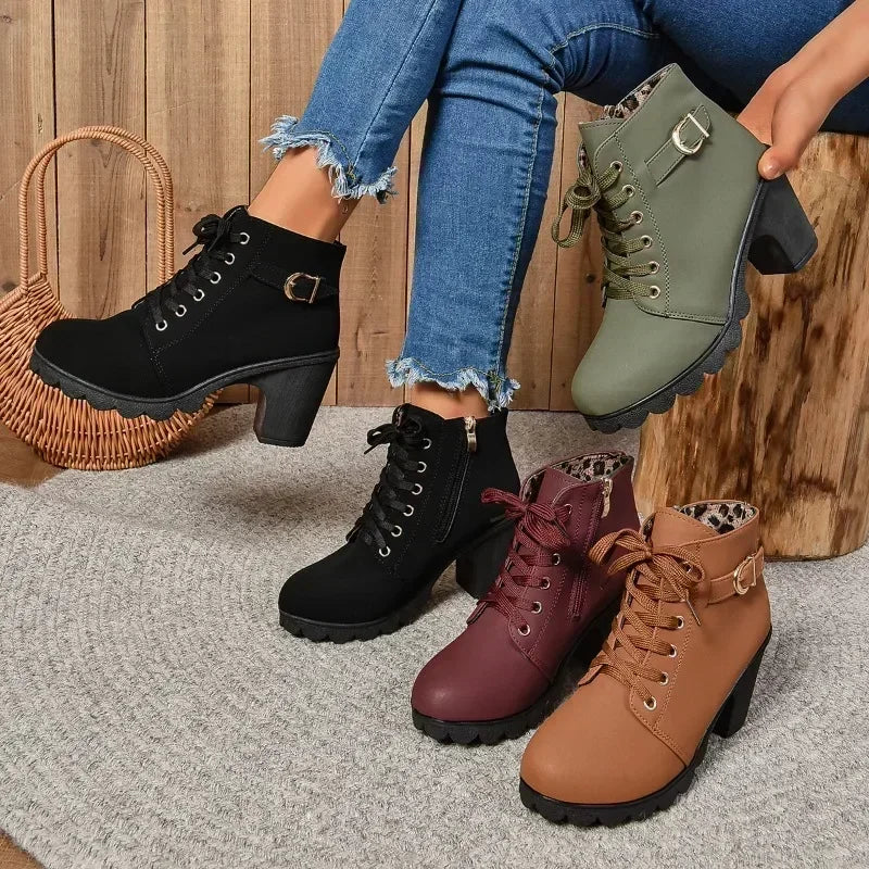 2024 Women Shoes Women Fashion High Heel Lace Up Ankle Boots Ladies Buckle Platform Artificial Leather Shoes Bota Feminina