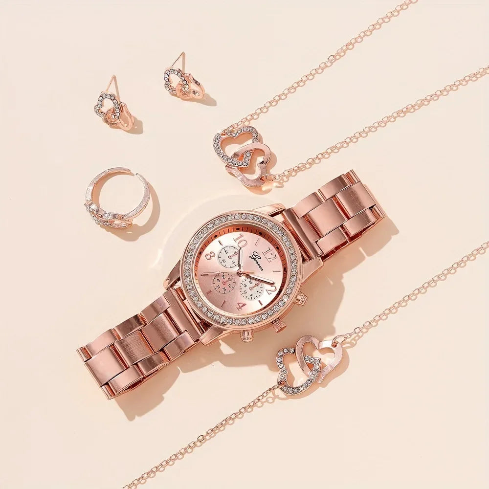 6PCS,Rose Gold Watch Women