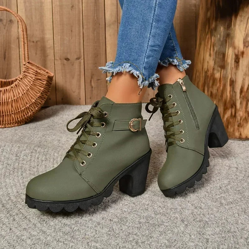 2024 Women Shoes Women Fashion High Heel Lace Up Ankle Boots Ladies Buckle Platform Artificial Leather Shoes Bota Feminina